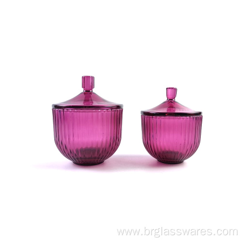 2021 New Arrival Glass Sprayed Coluorful Candle Jar Series With Ribbed Decoration And Gold Rin And Knonb